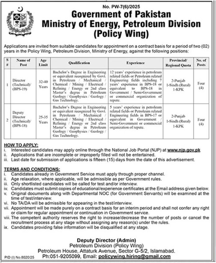 Advertisement of Ministry of Energy (Petroleum Division) Jobs 2026