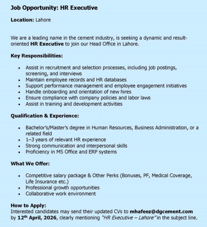 Job Opportunity: HR Executive Location: Lahore